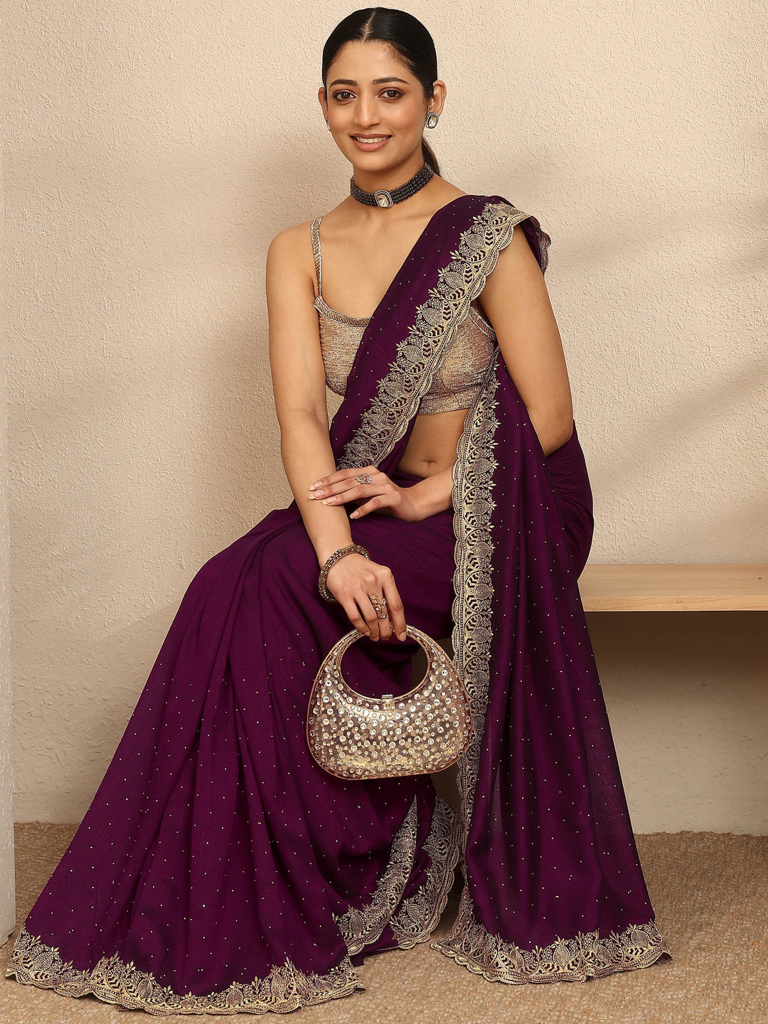 Burgundy Embellished Silk Blend Saree With Unstitched Blouse Piece