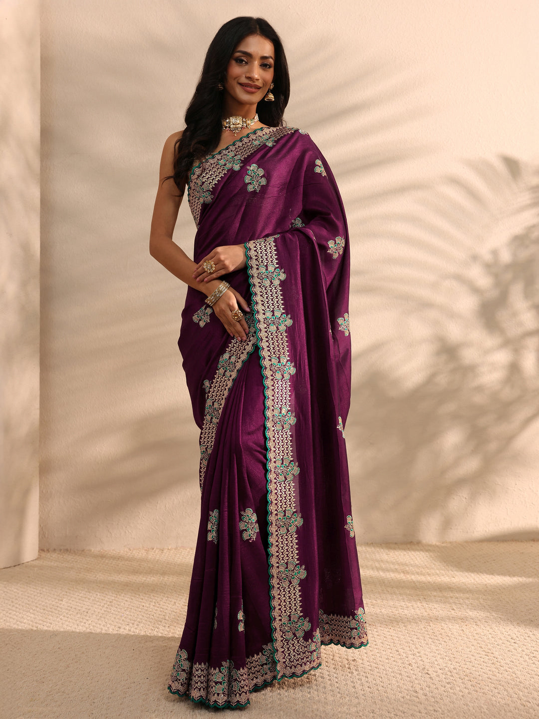  Burgundy Embellished Silk Blend Saree 
With Unstitched Blouse Piece 