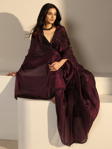 Libas Burgundy Embellished Tissue Saree With Unstiched Blouse Piece