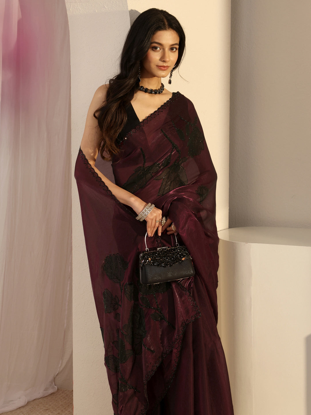 Burgundy Embellished Tissue Saree With Unstiched Blouse Piece