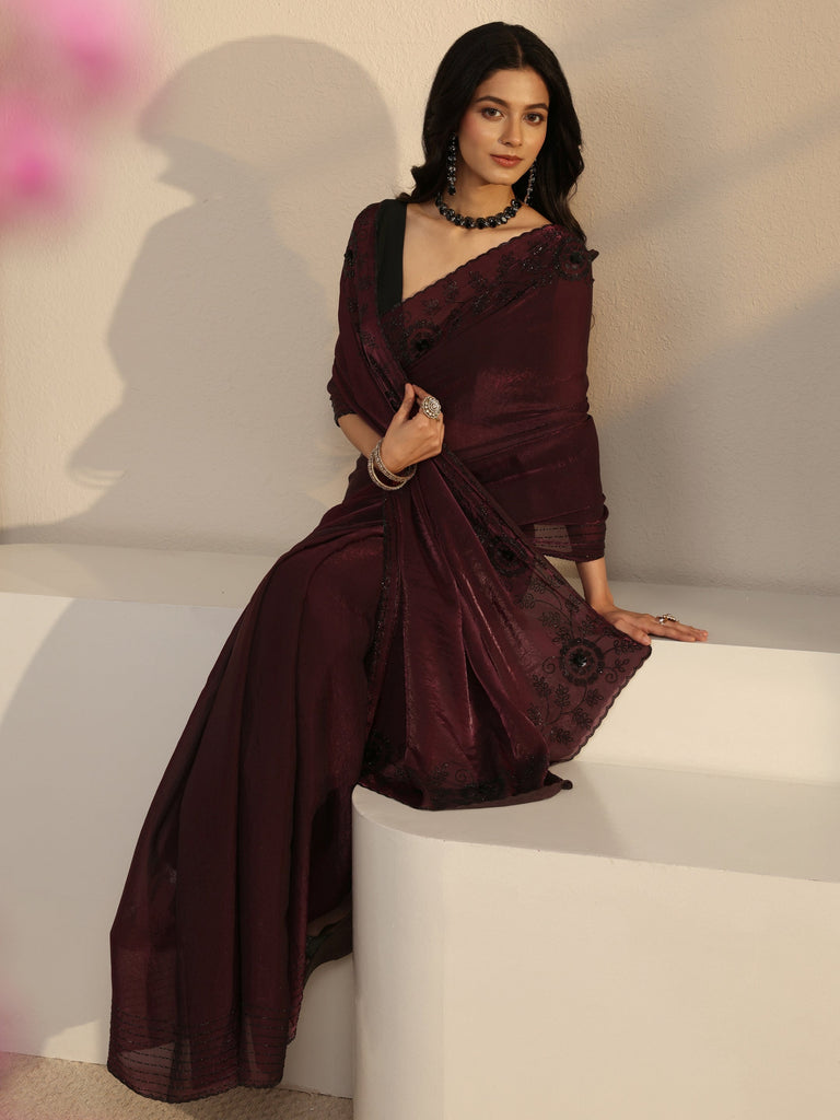 Libas Burgundy Embellished Tissue Saree With Unstiched Blouse Piece