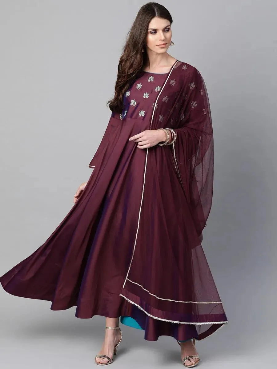 Burgundy Embroidered Chanderi Dress With Dupatta - Libas