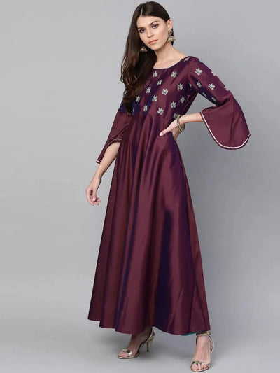 Burgundy Embroidered Chanderi Dress With Dupatta - Libas