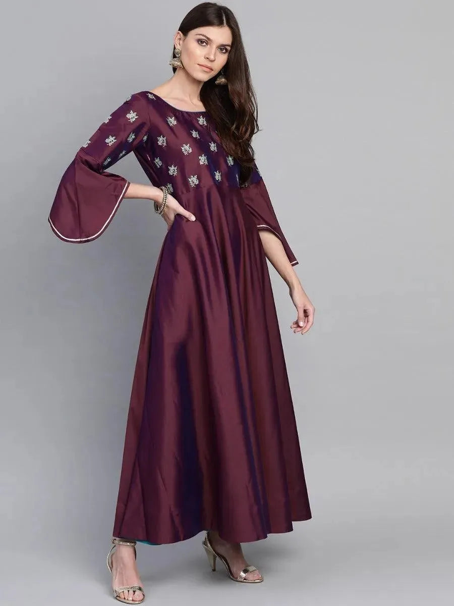 Burgundy Embroidered Chanderi Dress With Dupatta - Libas 