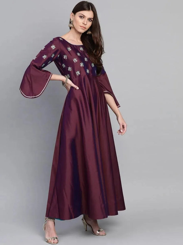 Burgundy Embroidered Chanderi Dress With Dupatta - Libas