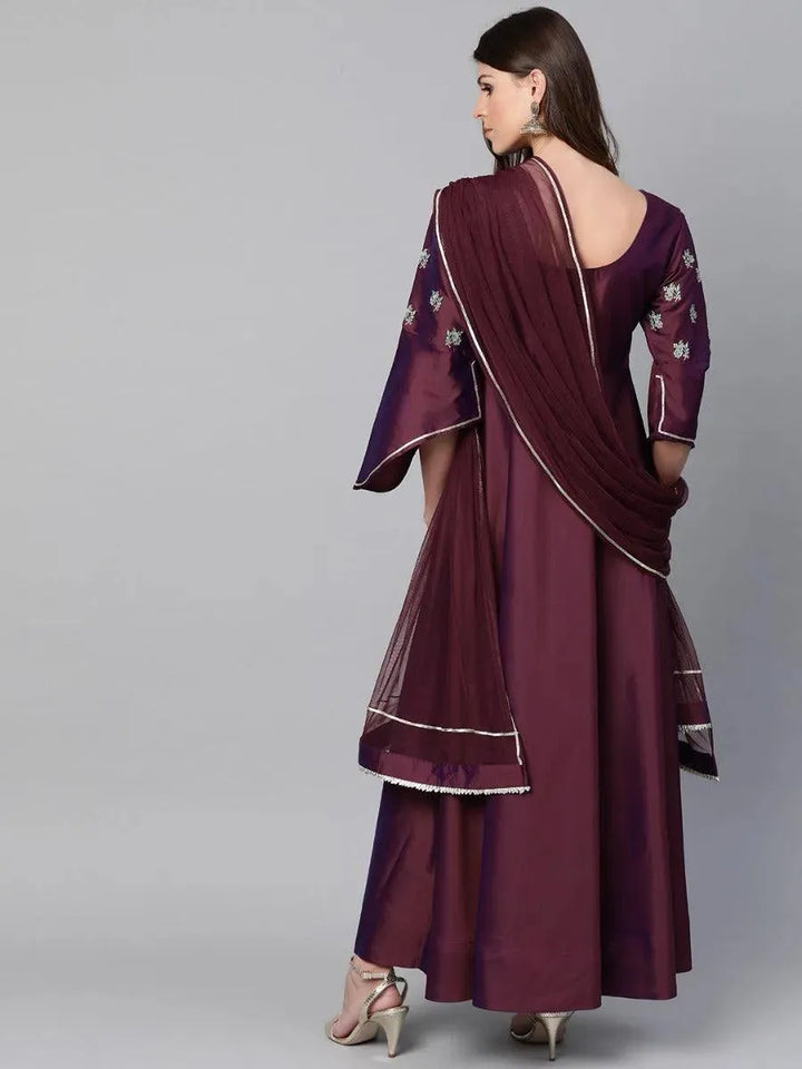 Burgundy Embroidered Chanderi Dress With Dupatta - Libas