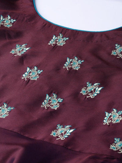 Burgundy Embroidered Chanderi Dress With Dupatta - Libas