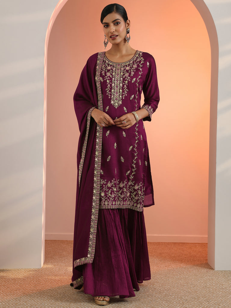 Libas Burgundy Embroidered Chinon Straight Suit Set With Dupatta