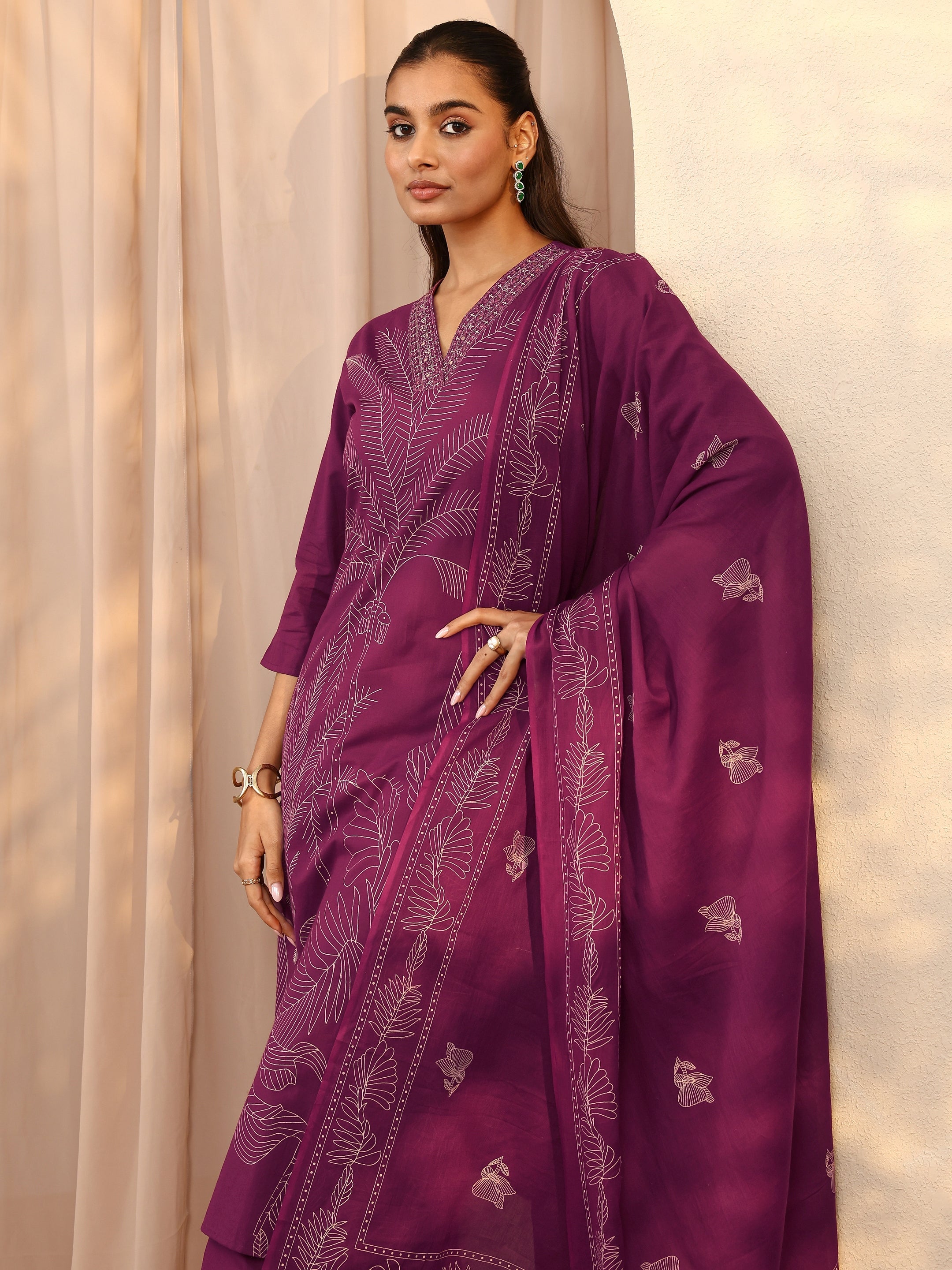 libas Burgundy Embroidered Cotton Straight Suit Set With Dupatta-picture-30