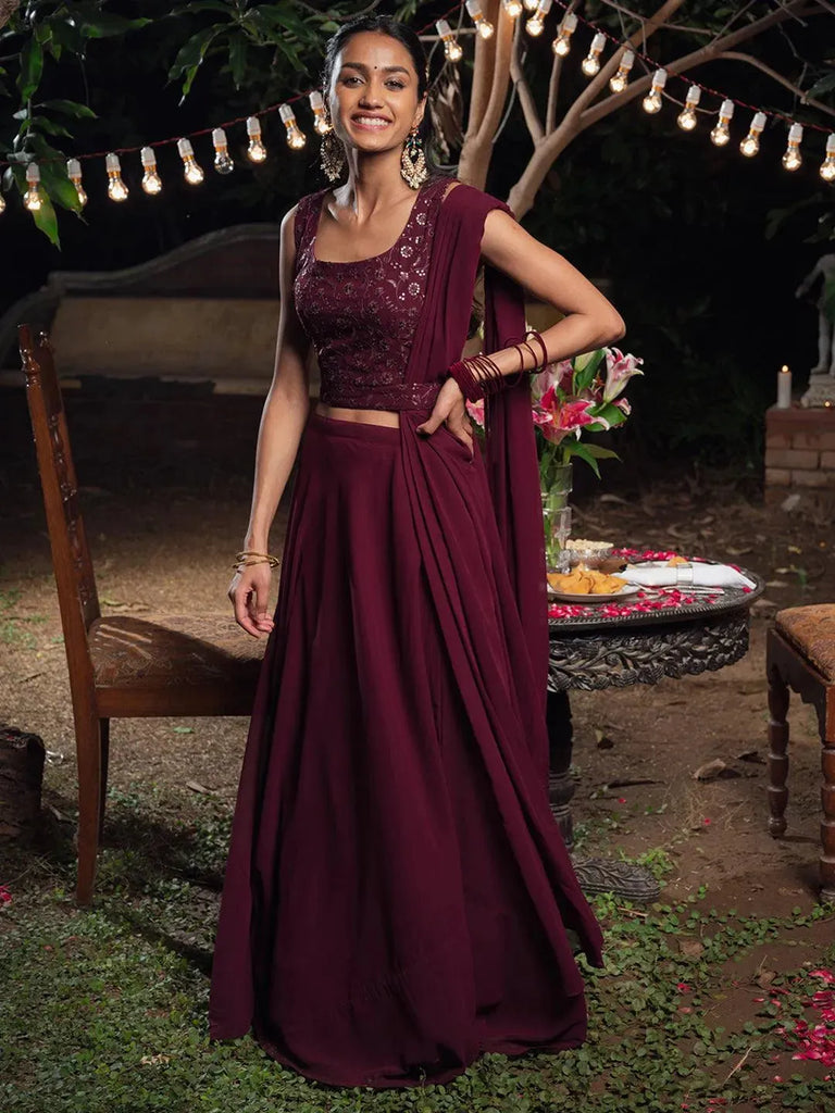 Gerua Burgundy Embroidered Georgette Lehenga Set