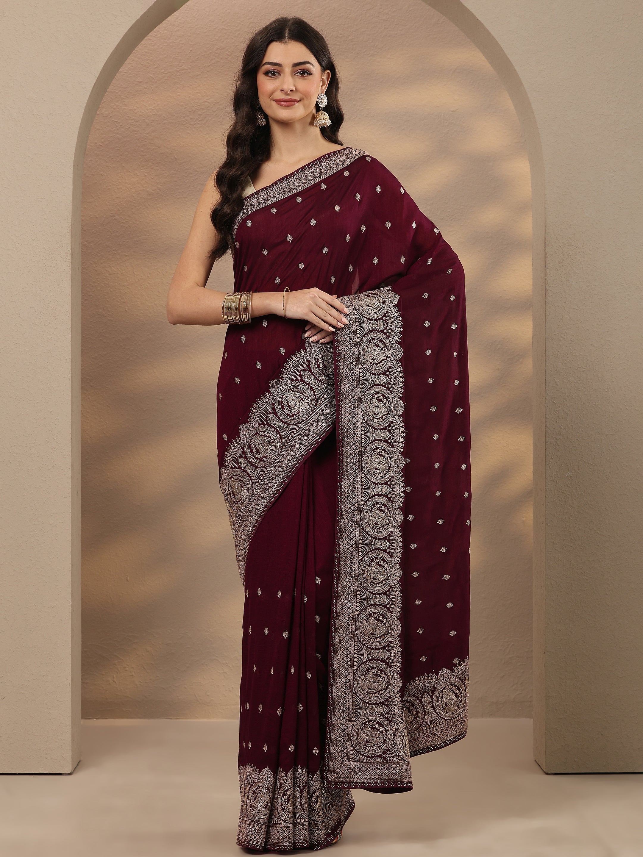 libas Burgundy Embroidered Georgette Saree With Unstitched Blouse Piece-picture-68
