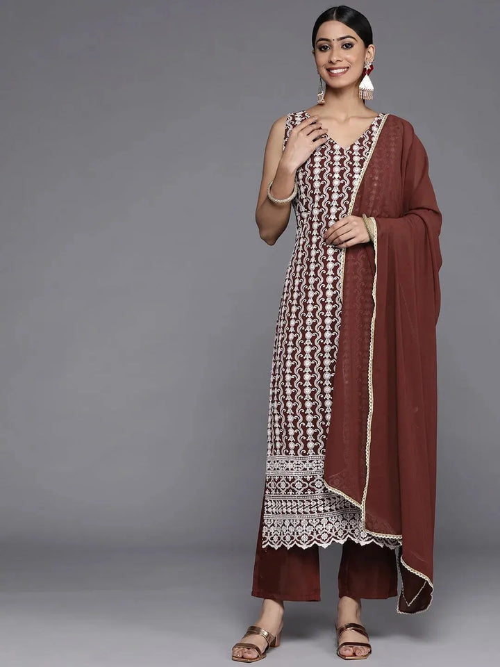 Burgundy Embroidered Georgette Straight Suit Set With Trousers - Libas