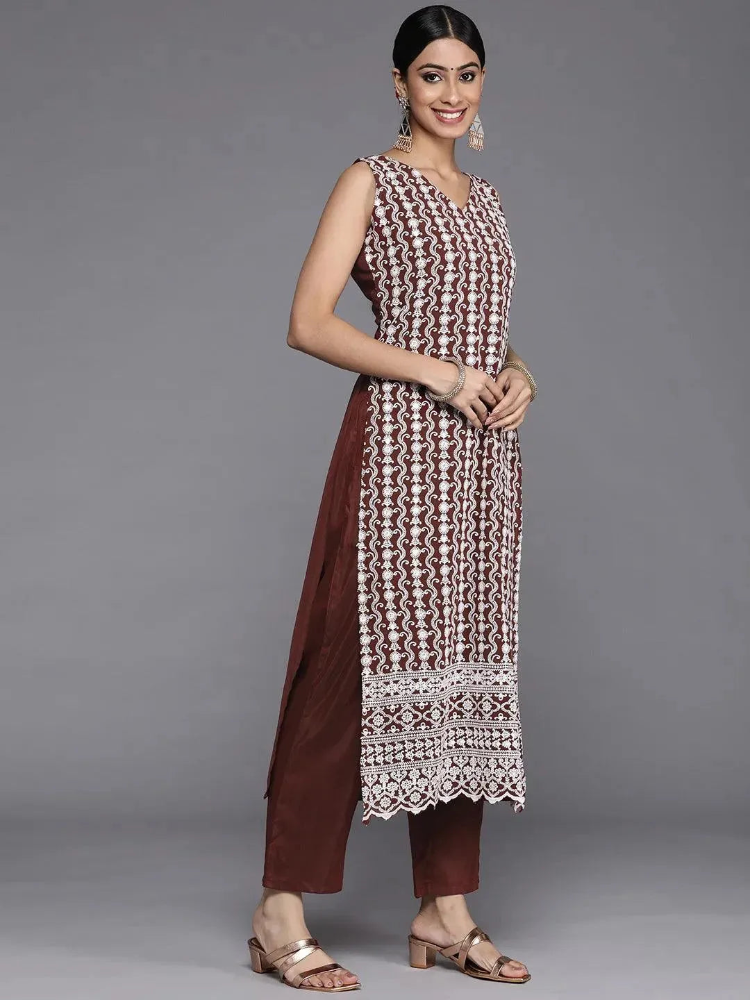 Burgundy Embroidered Georgette Straight Suit Set With Trousers - Libas 
