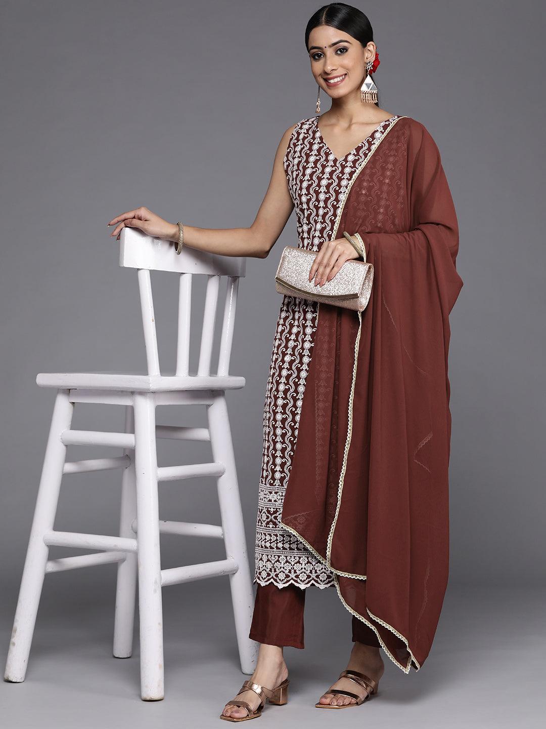 Burgundy Embroidered Georgette Straight Suit Set With Trousers - Libas