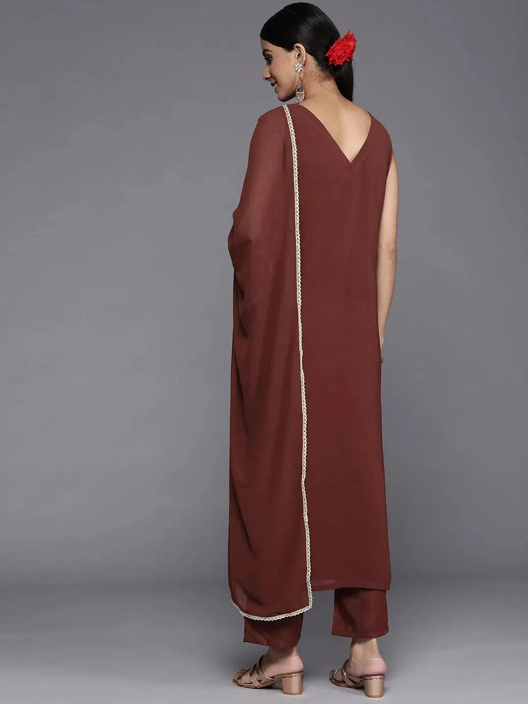 Burgundy Embroidered Georgette Straight Suit Set With Trousers - Libas 