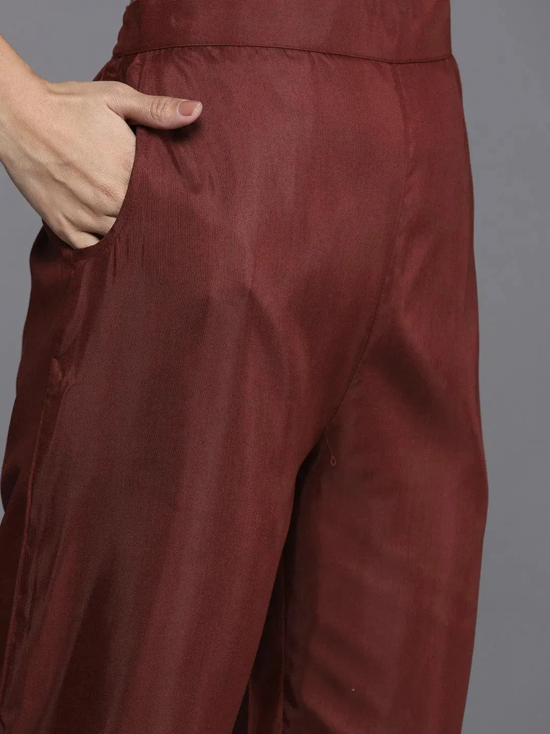 Burgundy Embroidered Georgette Straight Suit Set With Trousers - Libas 