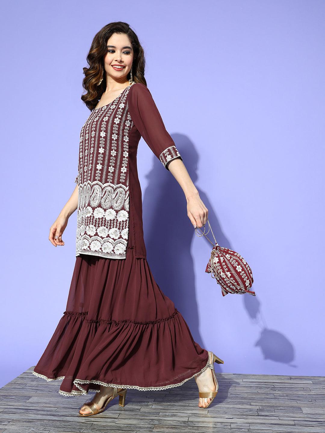 Burgundy Embroidered Georgette Straight Sharara Suit Set With Potli - Libas