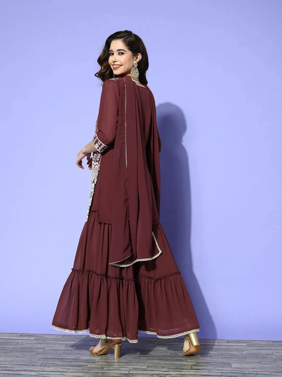 Burgundy Embroidered Georgette Straight Sharara Suit Set With Potli - Libas 