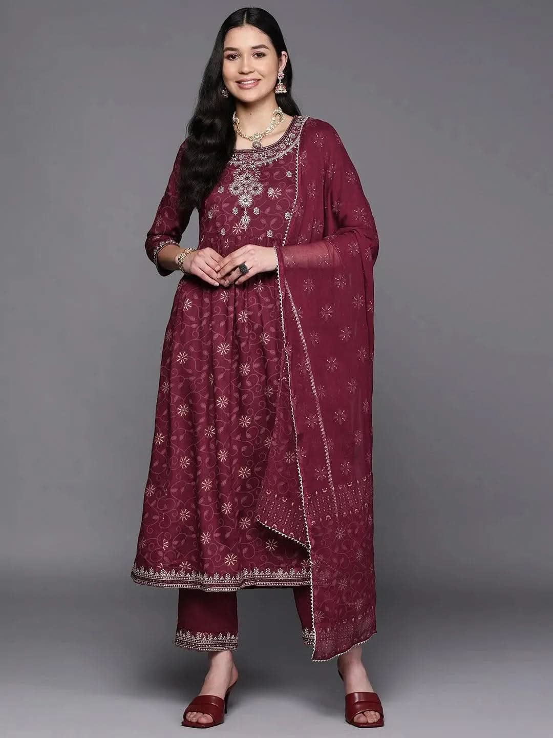 

Burgundy Embroidered Rayon A-Line Kurta With Trousers & Dupatta