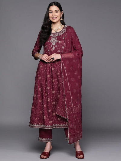 Burgundy Embroidered Rayon A-Line Suit Set With Trousers - Libas
