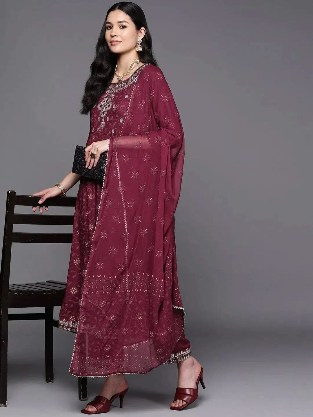 Burgundy Embroidered Rayon A-Line Suit Set With Trousers - Libas 