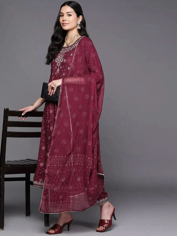 Burgundy Embroidered Rayon A-Line Suit Set With Trousers - Libas