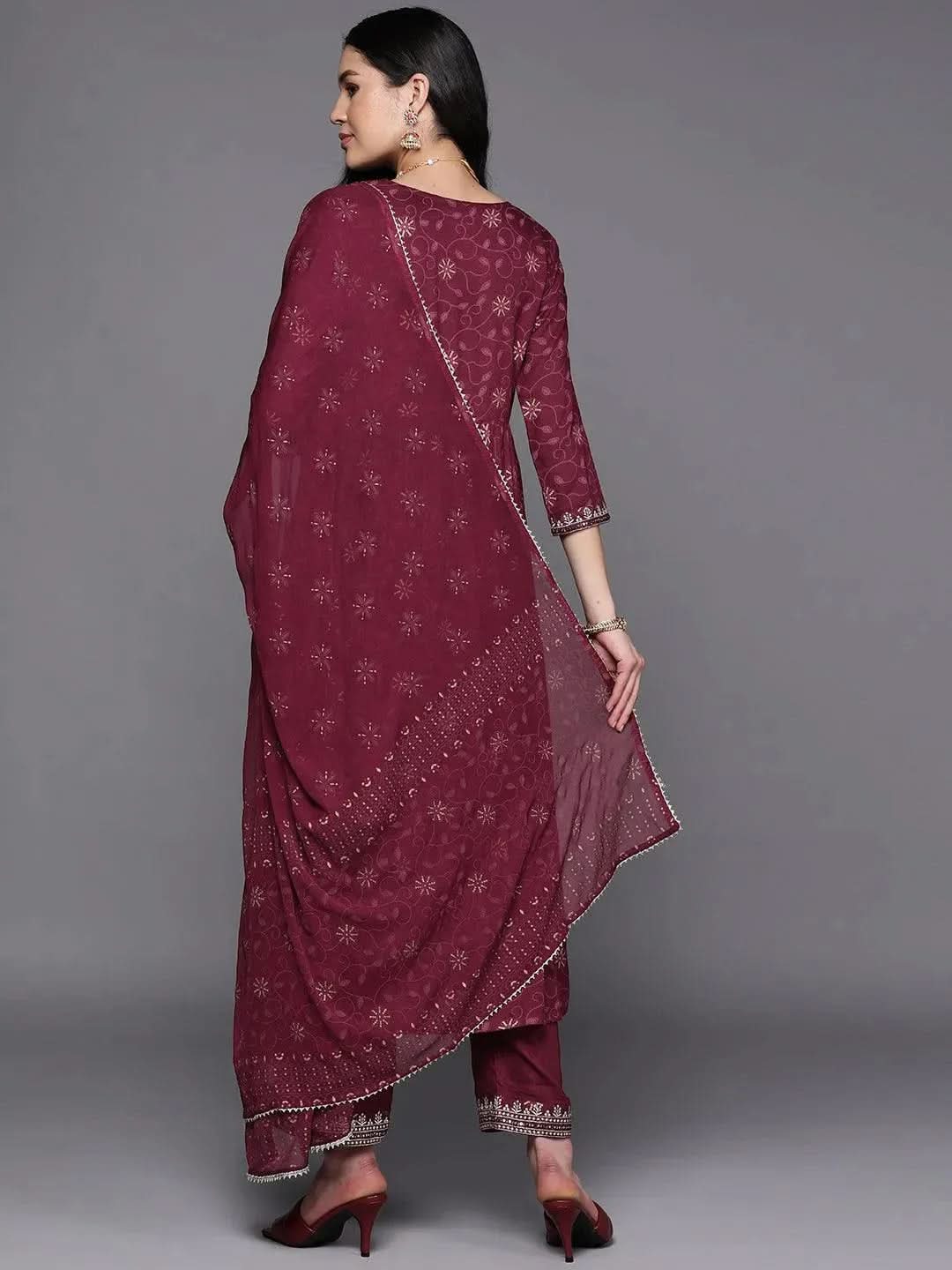 Burgundy Embroidered Rayon A-Line Suit Set With Trousers - Libas 