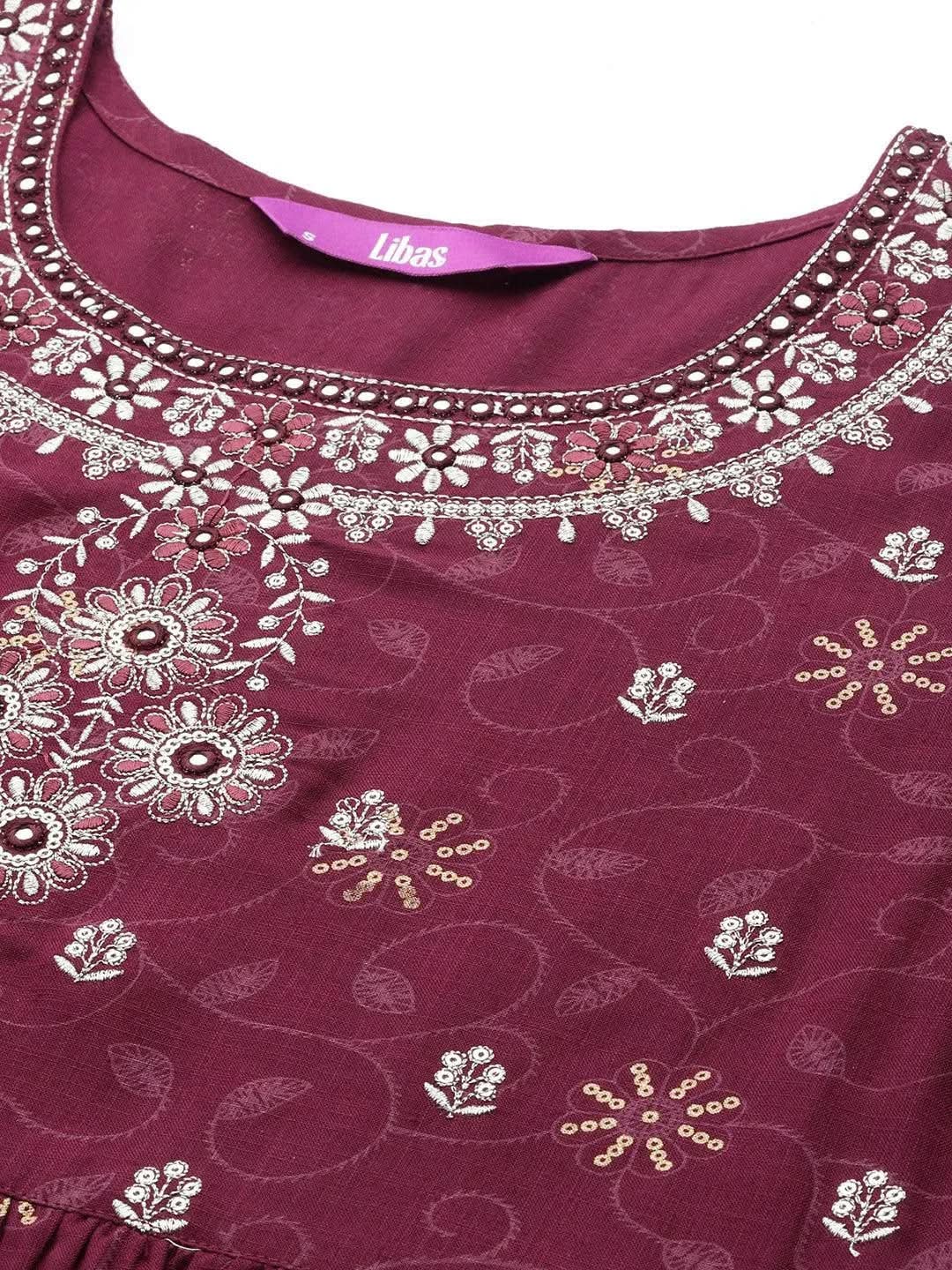 Burgundy Embroidered Rayon A-Line Suit Set With Trousers - Libas 
