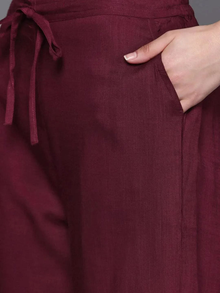 Burgundy Embroidered Rayon A-Line Suit Set With Trousers - Libas