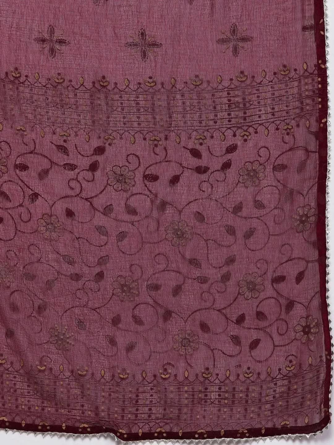 Burgundy Embroidered Rayon A-Line Suit Set With Trousers - Libas 