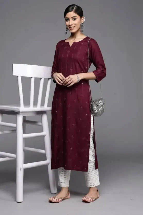 Burgundy Embroidered Rayon Kurta - Libas