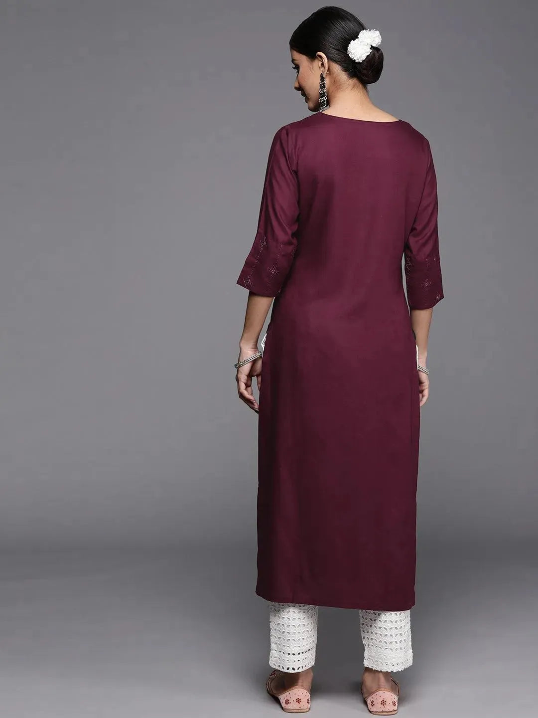 Burgundy Embroidered Rayon Kurta - Libas