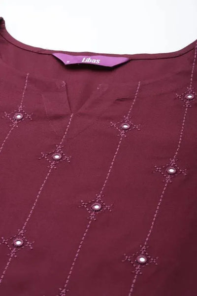 Burgundy Embroidered Rayon Kurta - Libas