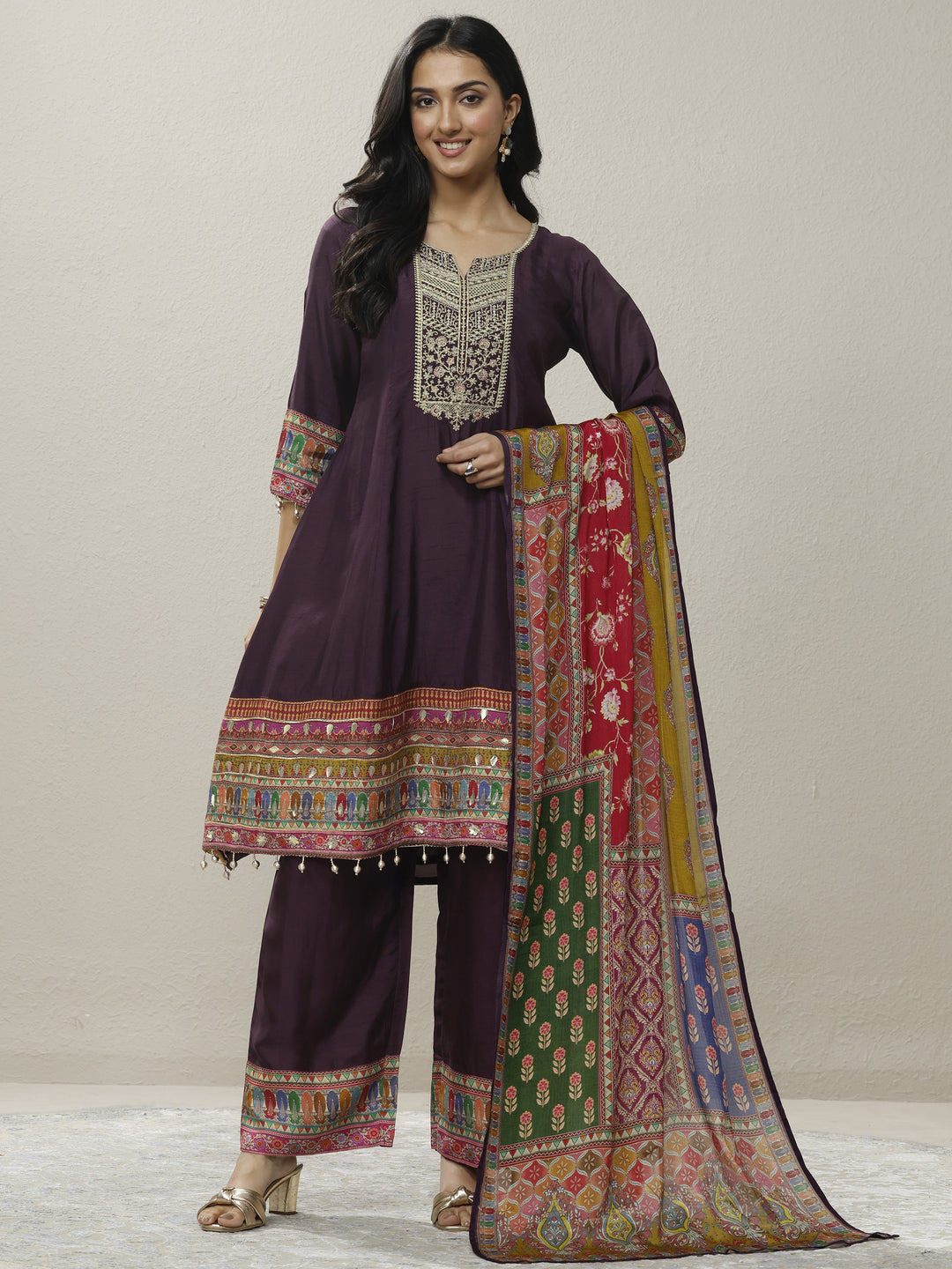 Burgundy Embroidered Silk blend A-line Suit Set With Dupatta
