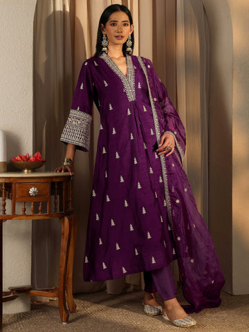 Burgundy Embroidered Silk Blend A-Line Suit Set With Dupatta