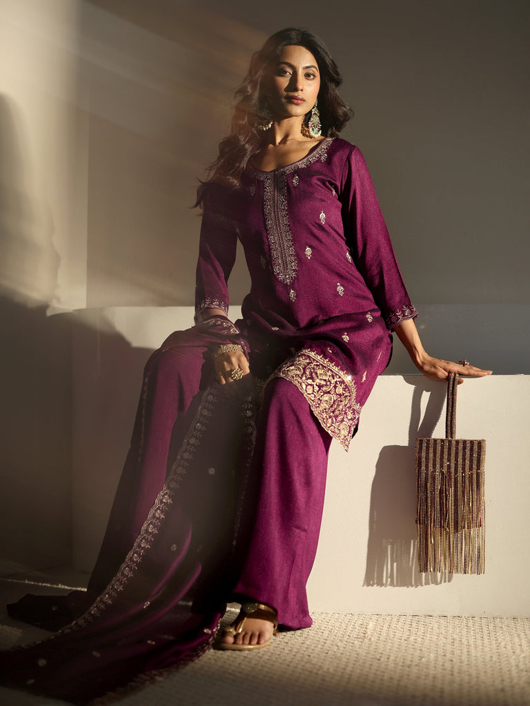 Libas Burgundy Embroidered Silk Blend Palazzo Suit Set With Dupatta