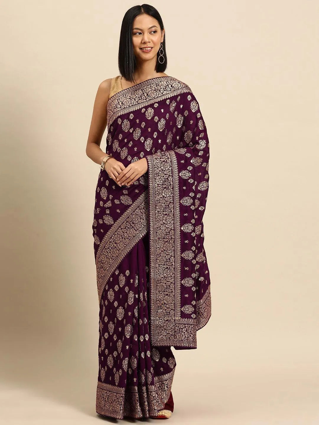 Burgundy Embroidered Silk Blend Saree - Libas