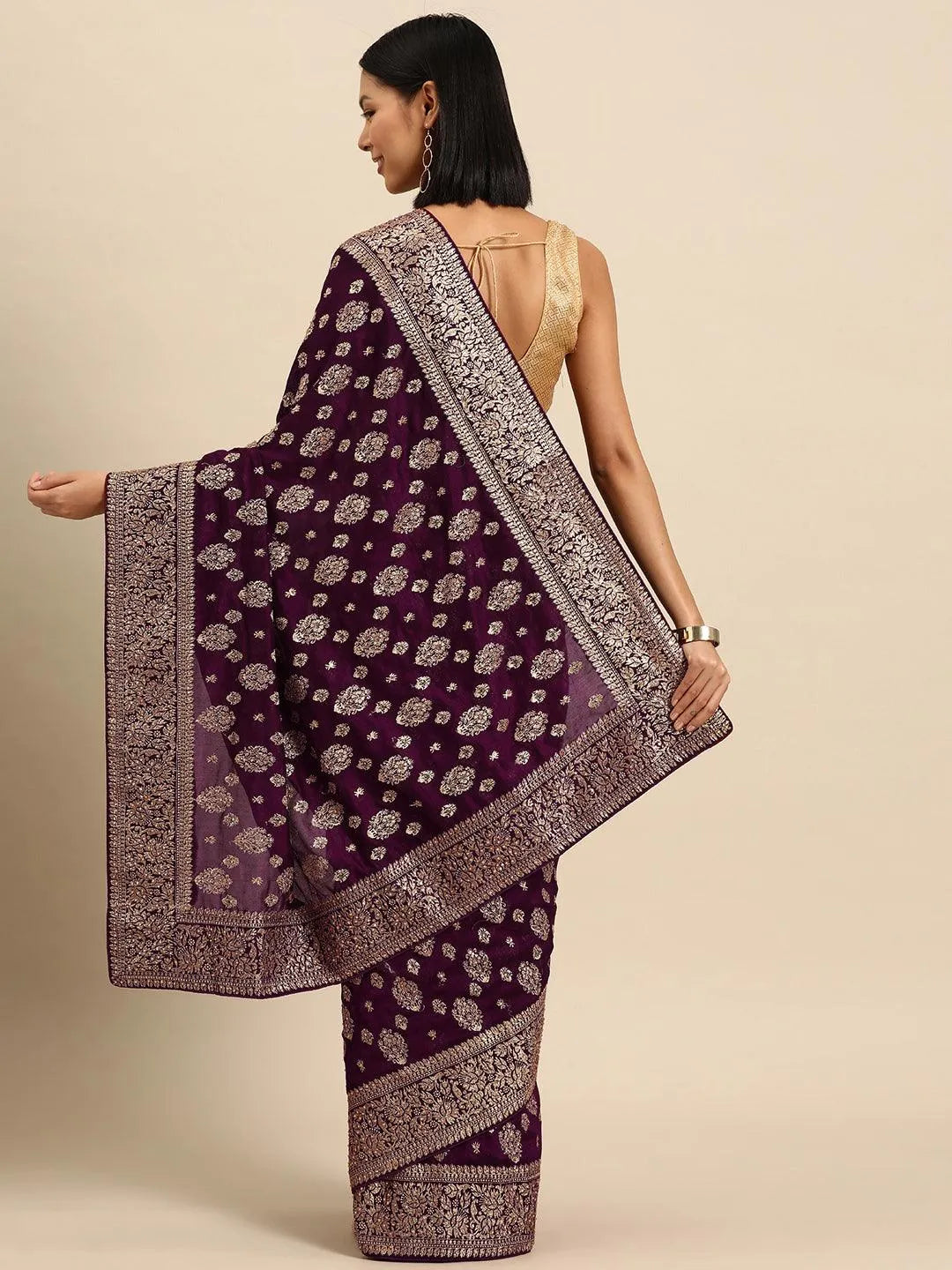 Burgundy Embroidered Silk Blend Saree - Libas 