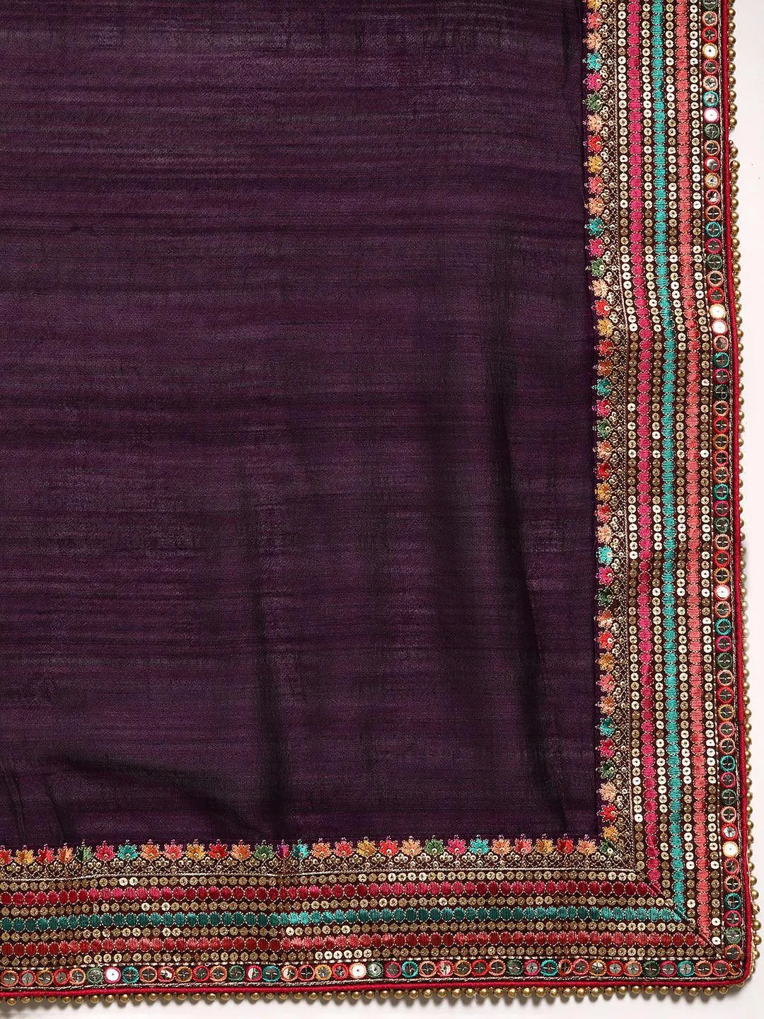 Burgundy Embroidered Silk Blend Saree - Libas 