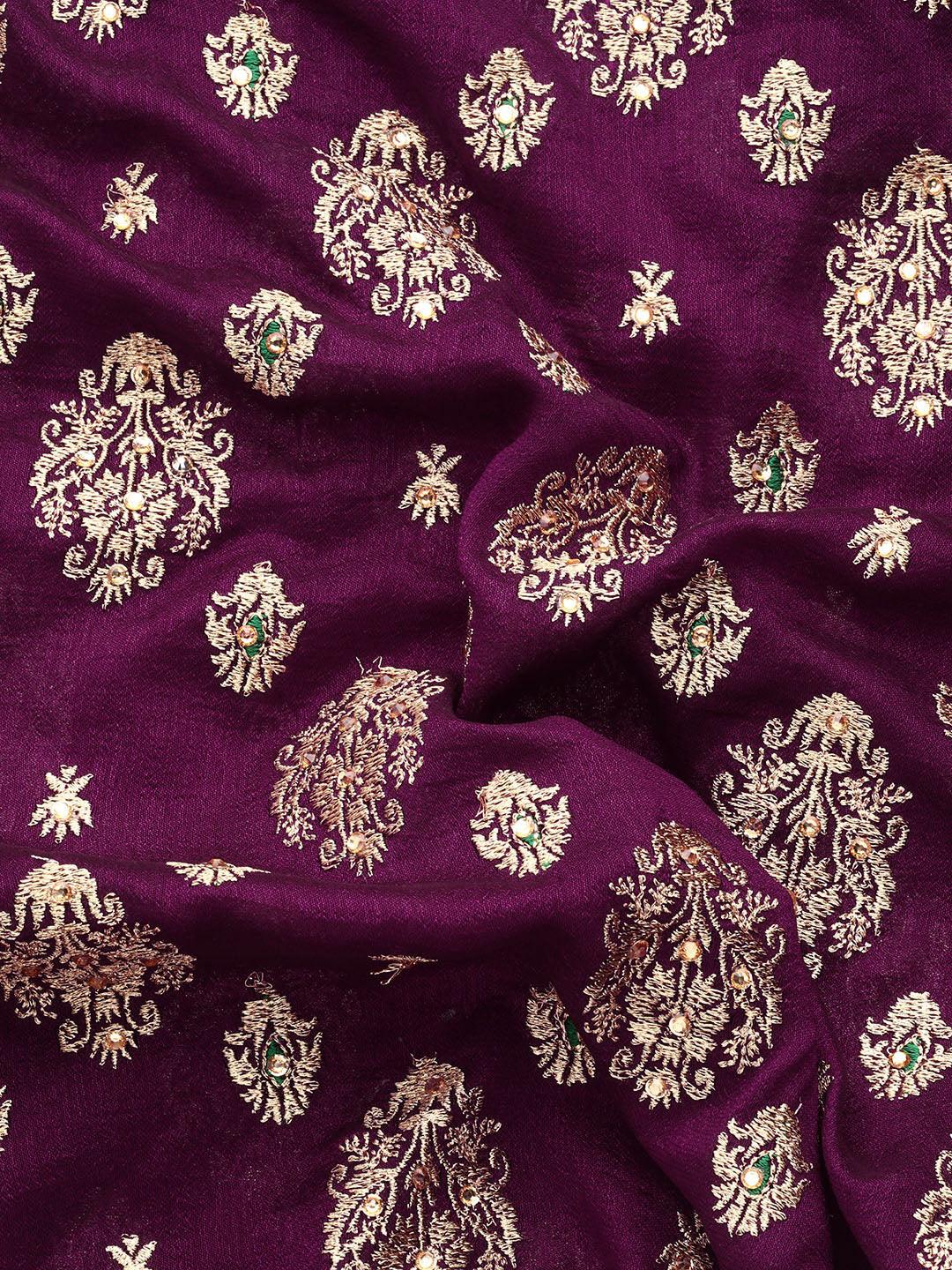 Burgundy Embroidered Silk Blend Saree - Libas