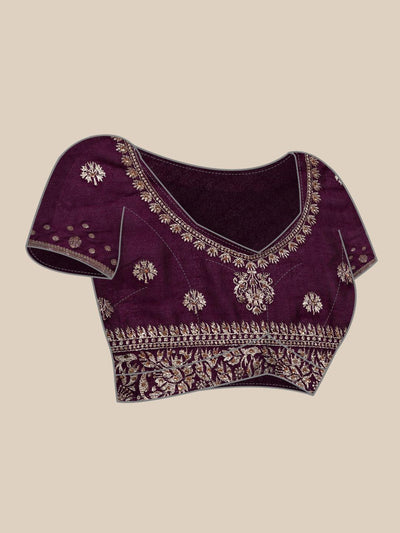 Burgundy Embroidered Silk Blend Saree - Libas