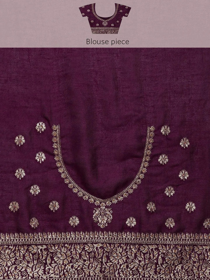 Burgundy Embroidered Silk Blend Saree - Libas