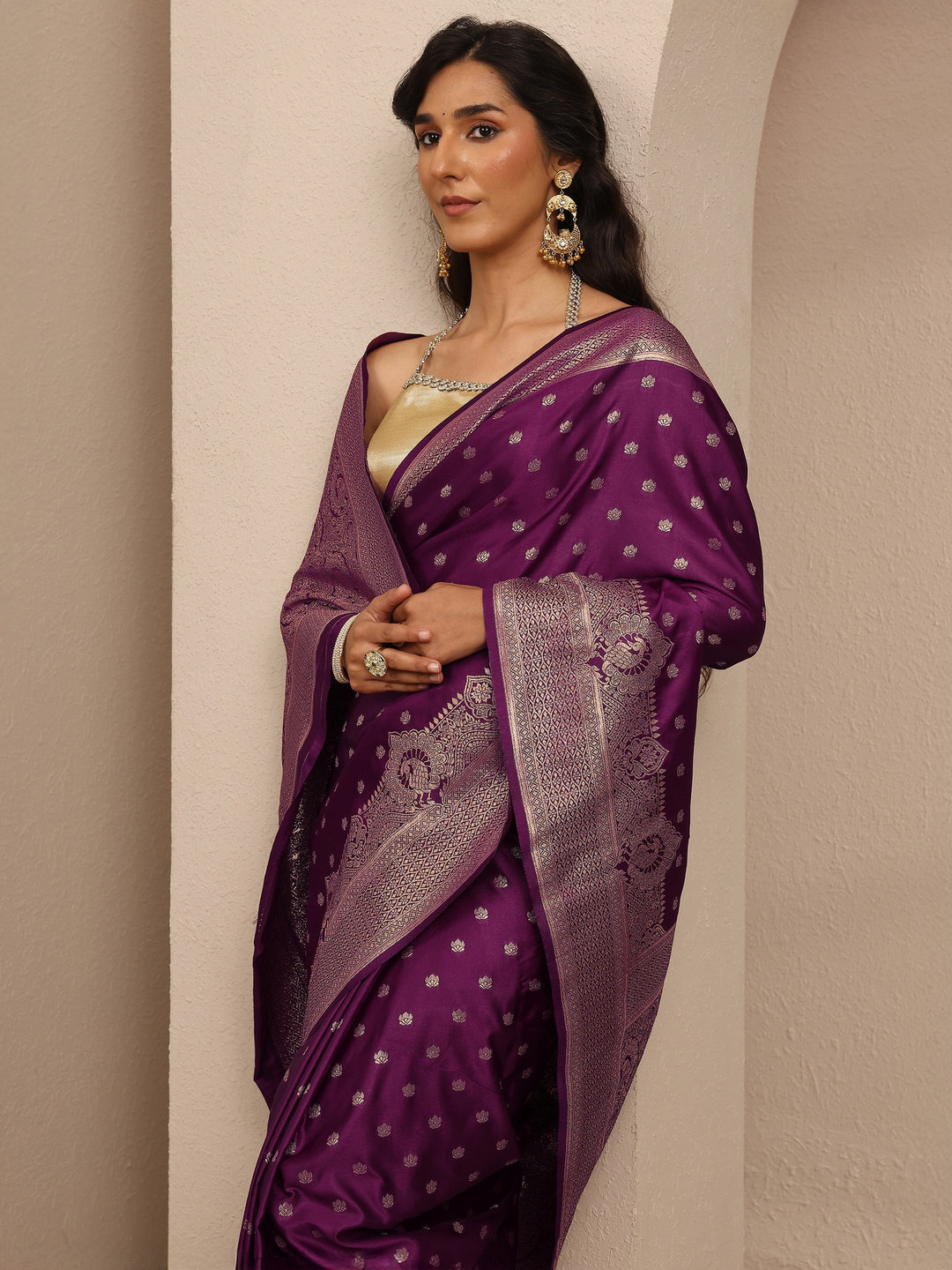  Burgundy Embroidered Silk Blend Saree With Unstitched Blouse Piece 