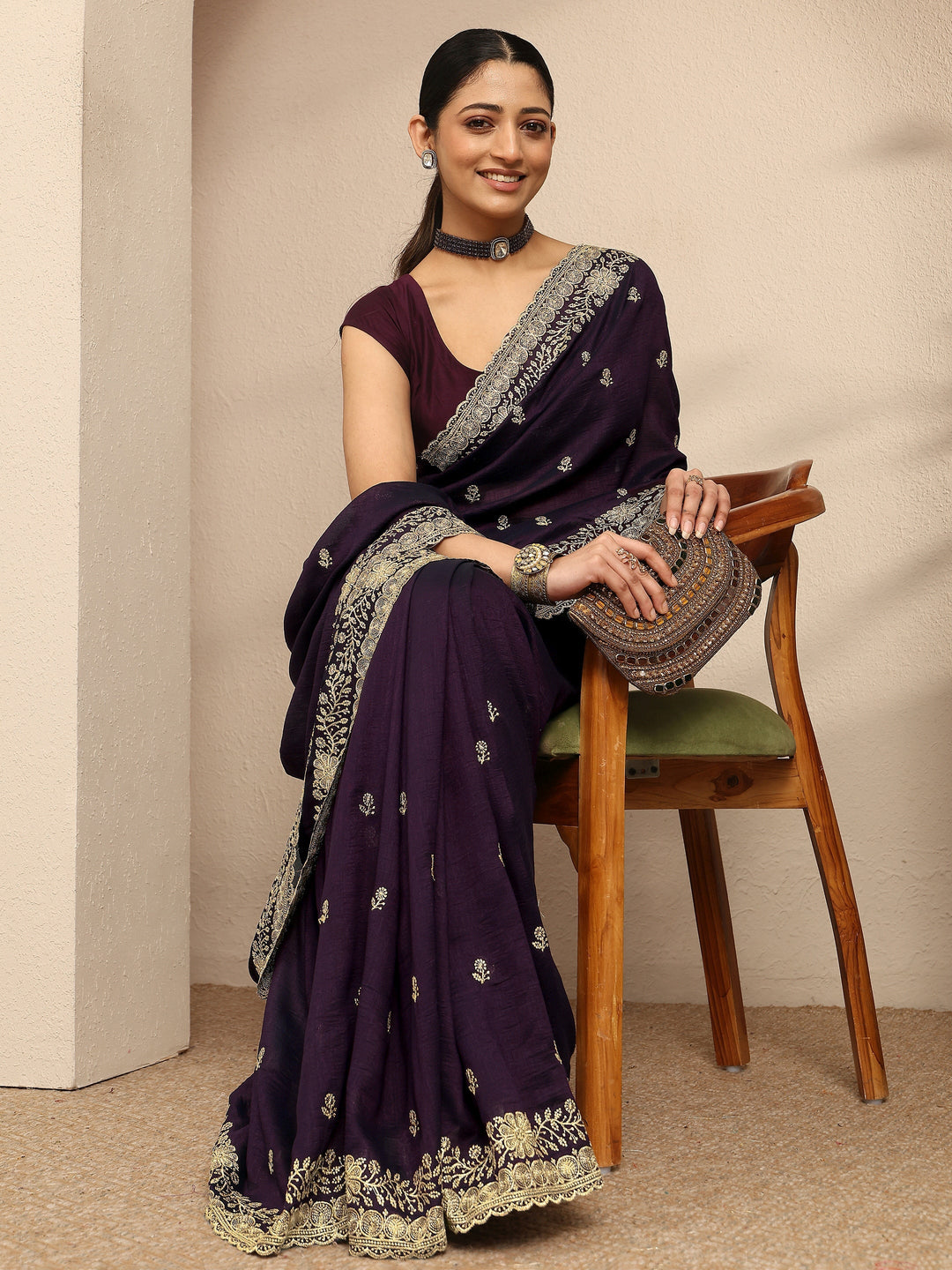 Burgundy Embroidered Silk Blend Saree With Unstitched Blouse Piece