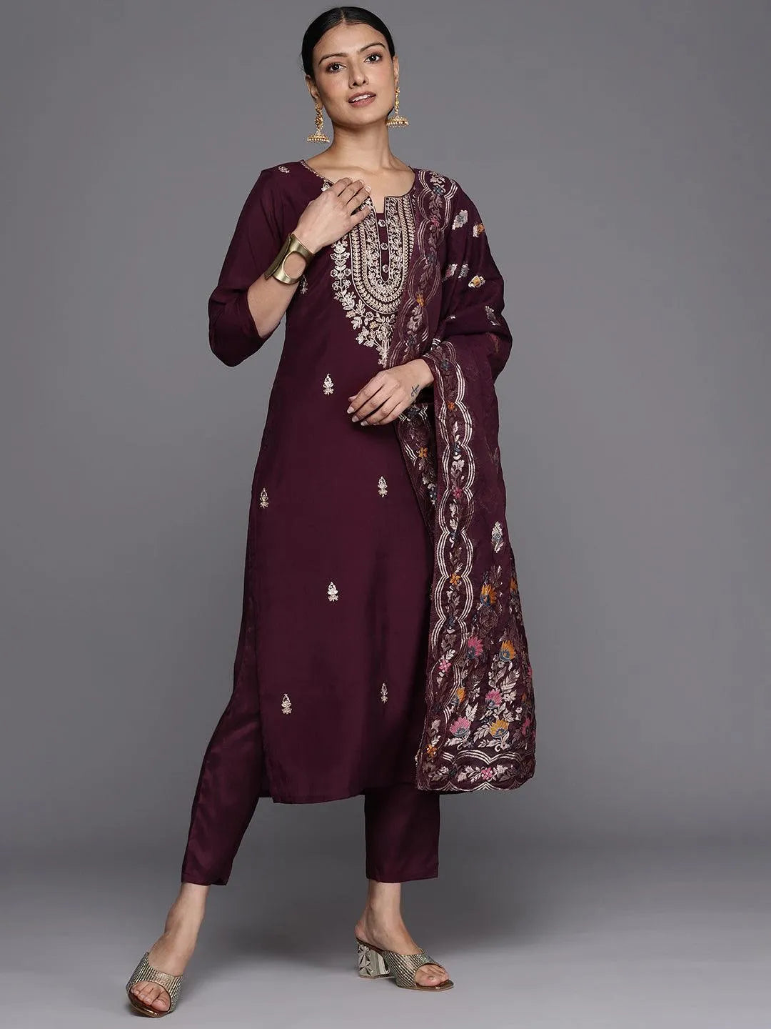 Burgundy Embroidered Silk Blend Straight Kurta With Trousers & Dupatta - Libas 