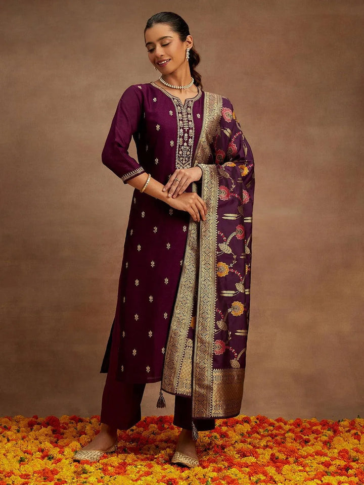 Burgundy Embroidered Silk Blend Straight Kurta With Trousers & Dupatta - Libas