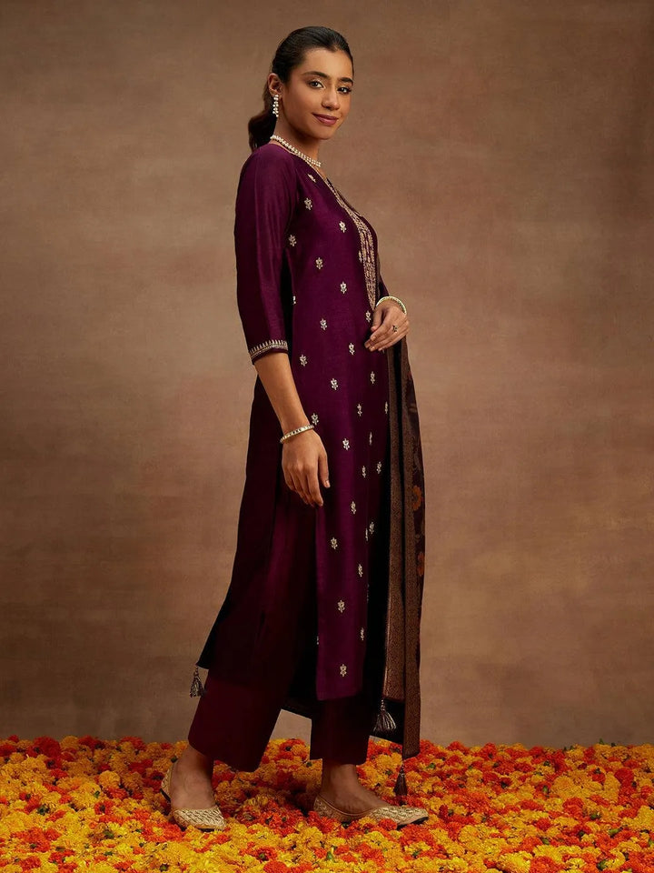 Burgundy Embroidered Silk Blend Straight Kurta With Trousers & Dupatta - Libas