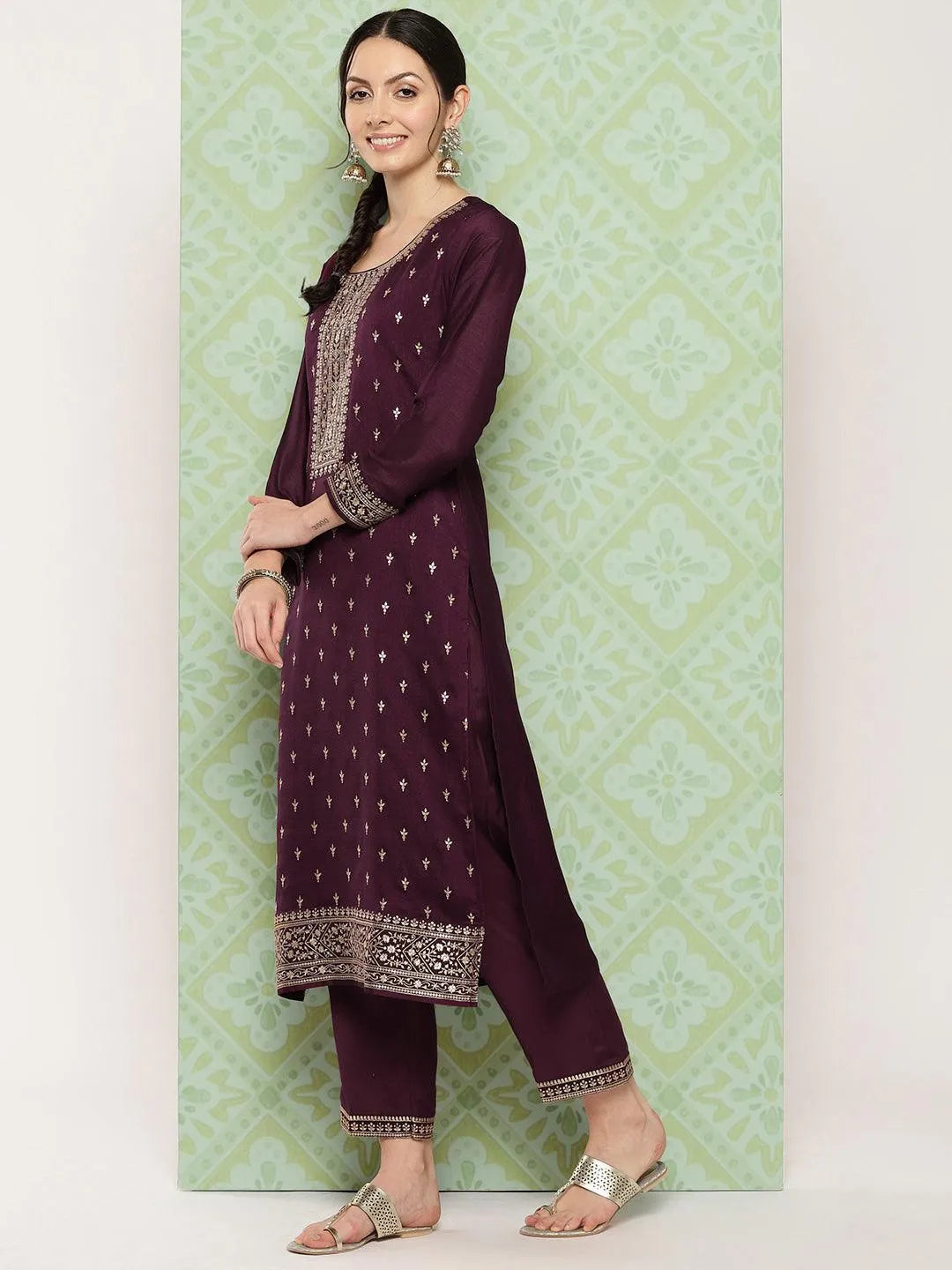Burgundy Embroidered Silk Blend Straight Kurta With Trousers & Dupatta - Libas 
