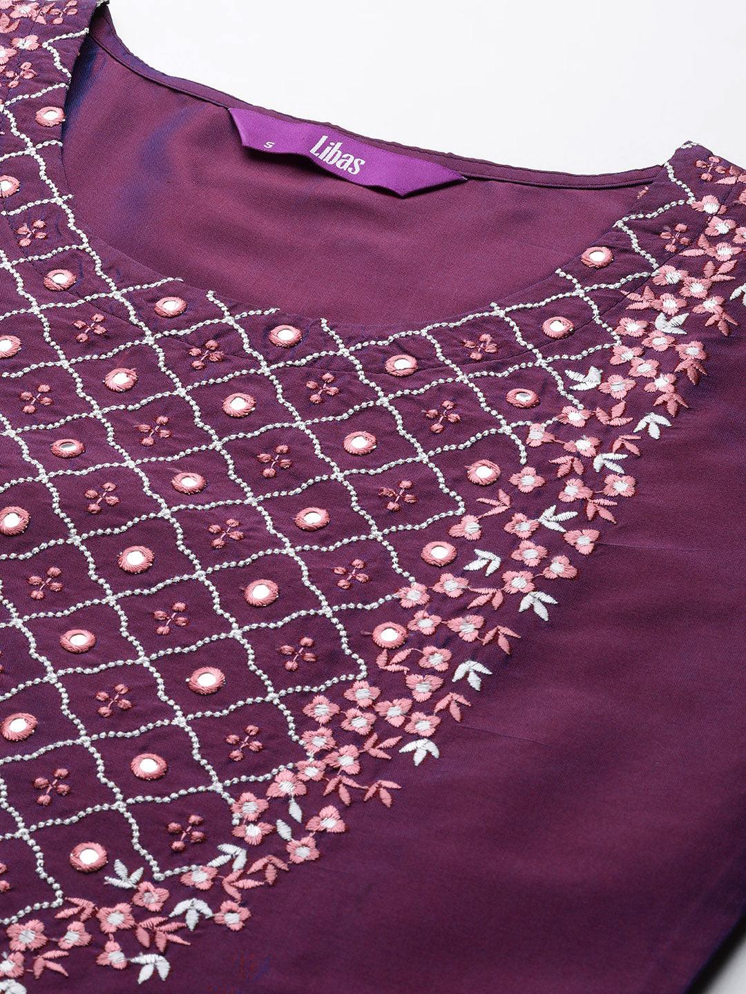 Burgundy Embroidered Silk Blend Straight Kurta With Trousers & Dupatta