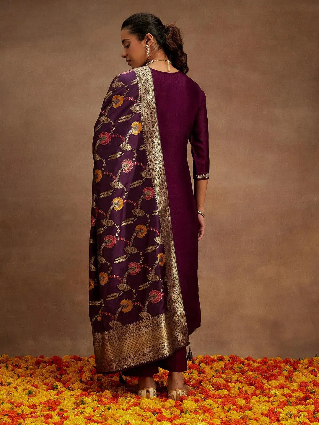 Burgundy Embroidered Silk Blend Straight Kurta With Trousers & Dupatta - Libas 